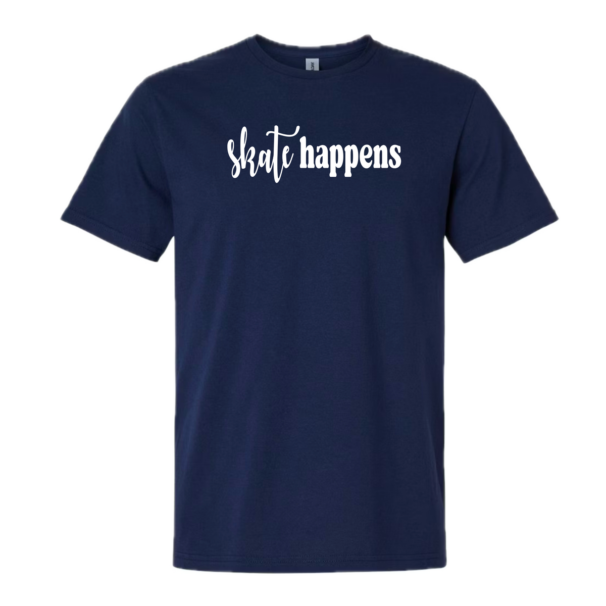 A navy blue short-sleeve crewneck t-shirt with the phrase 'skate happens' printed in white script across the chest, displayed on a clean white background.