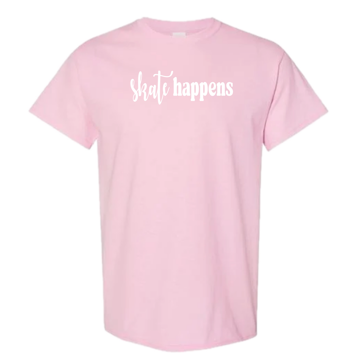 A light pink short-sleeve crewneck t-shirt with the phrase 'skate happens' printed in white script across the chest, displayed on a solid white background.