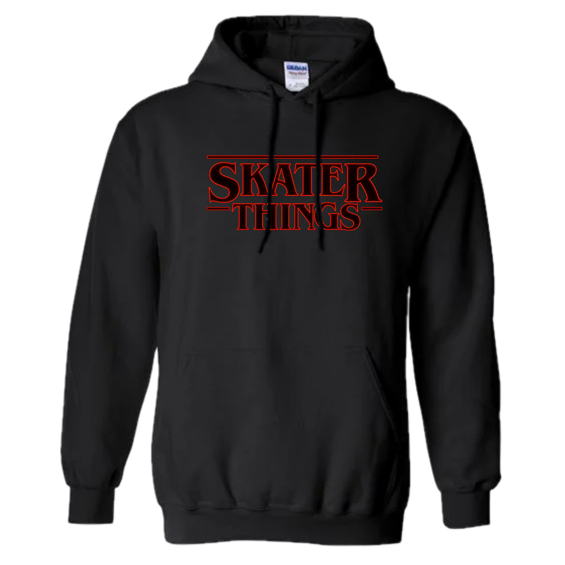 Black hoodie with “SKATER THINGS” printed in red across the chest