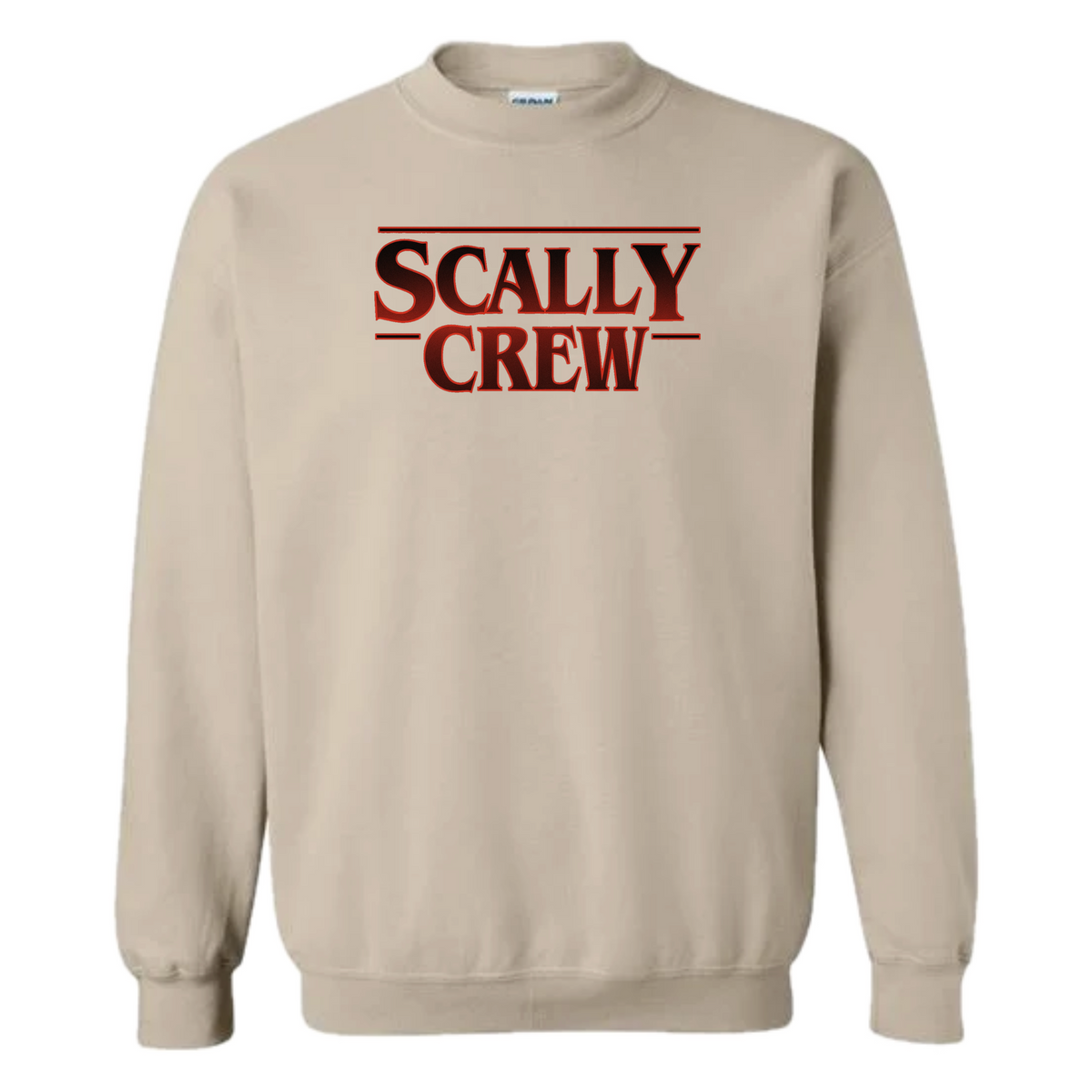 Beige sweatshirt with 'Scally Crew' text in red on a white background