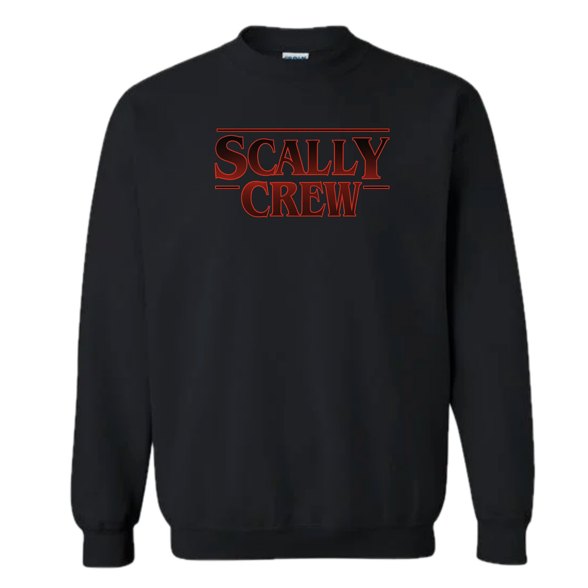 Black sweatshirt with 'SCALLY CREW' text in red on a white background
