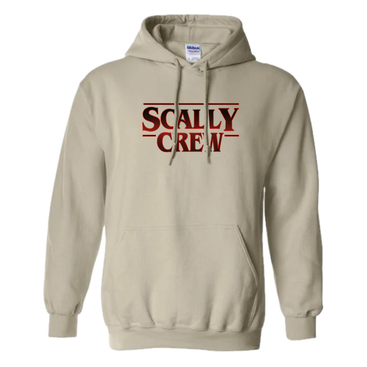Beige hoodie with 'Scally Crew' text on a white background