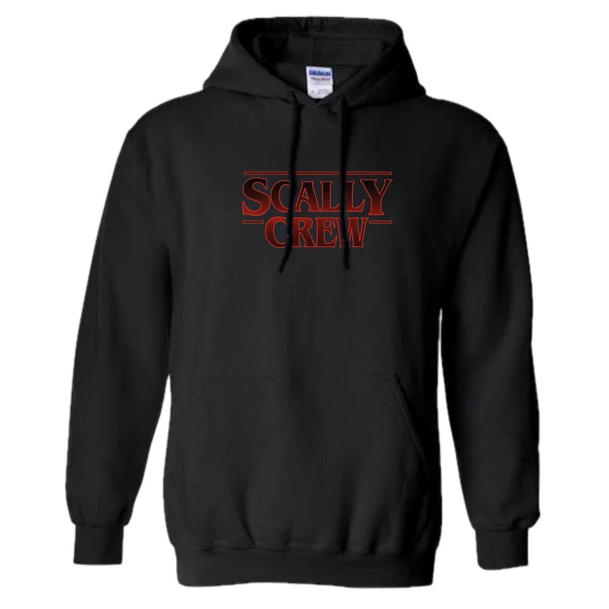 Black hoodie with 'Scally Crew' text on a white background