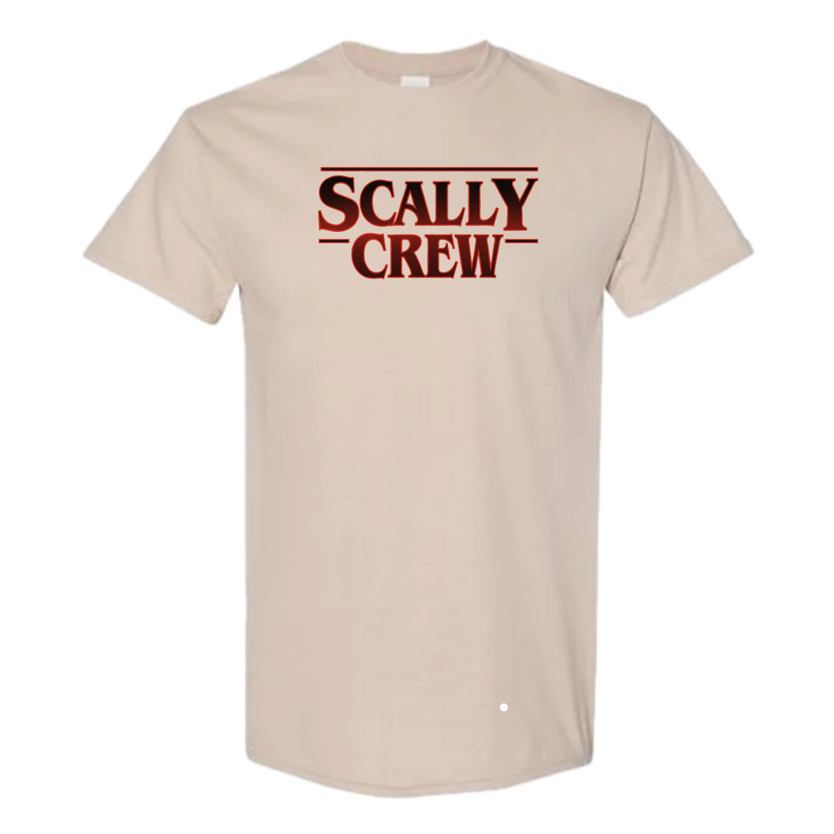 Beige t-shirt with 'SCALLY CREW' text in red on a white background