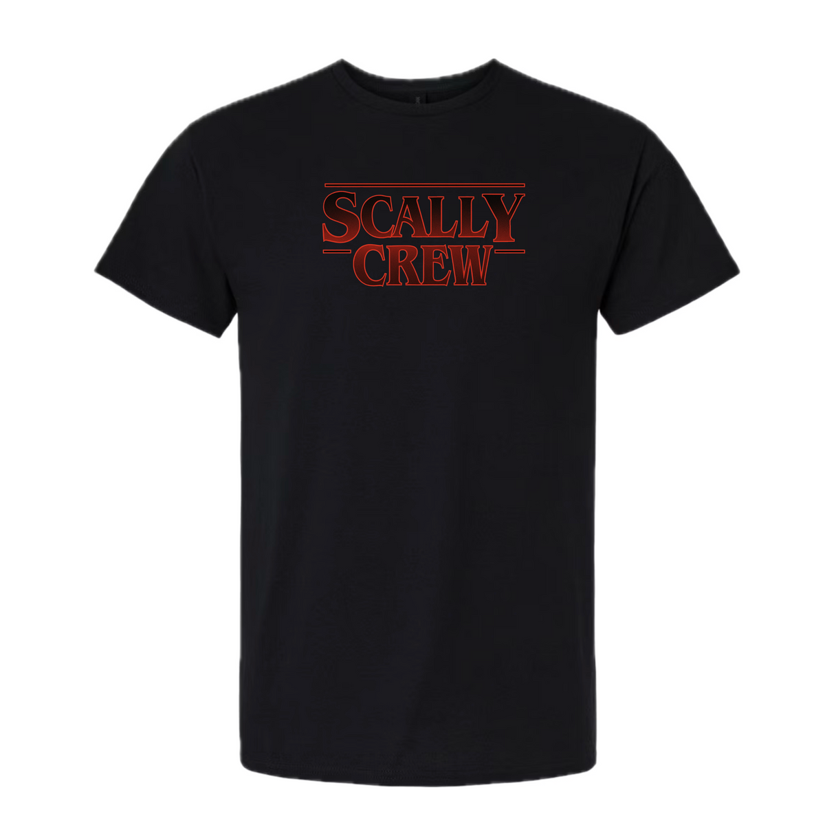 Black t-shirt with 'SCALLY CREW' text in red on a white background