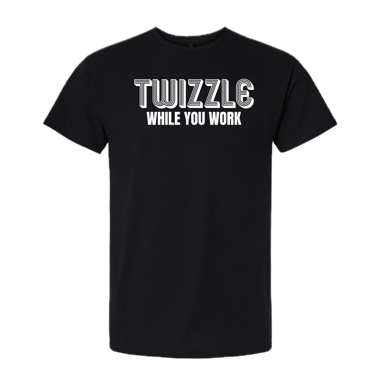 A black short-sleeve crewneck t-shirt with the text 'TWIZZLE WHILE YOU WORK' printed in white across the chest, displayed on a solid white background.