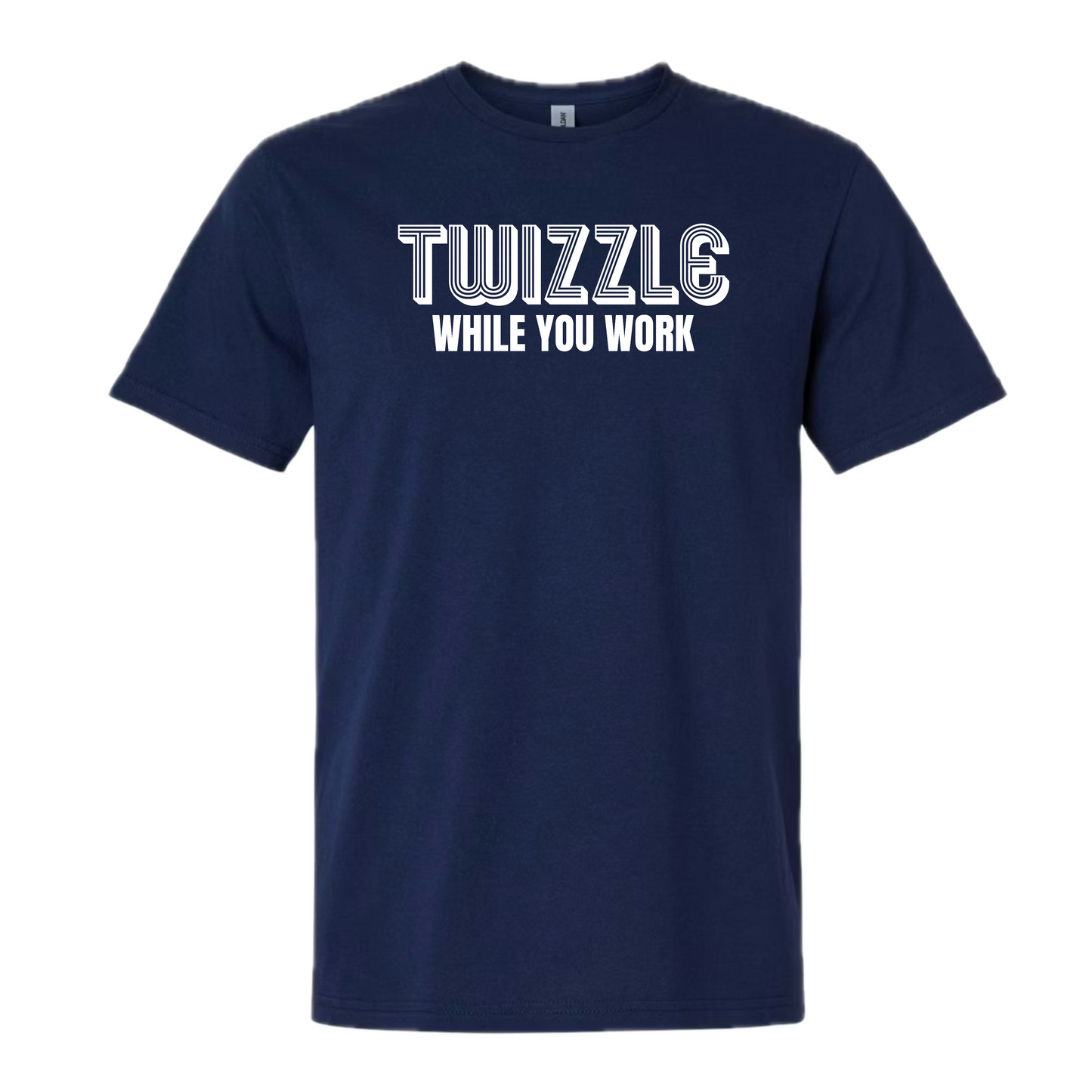 A navy blue short-sleeve crewneck t-shirt with the phrase 'TWIZZLE WHILE YOU WORK' printed in white across the chest, displayed on a clean white background.