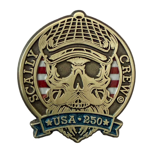 Logo with a stylized skull wearing a cap, featuring text and a flag design