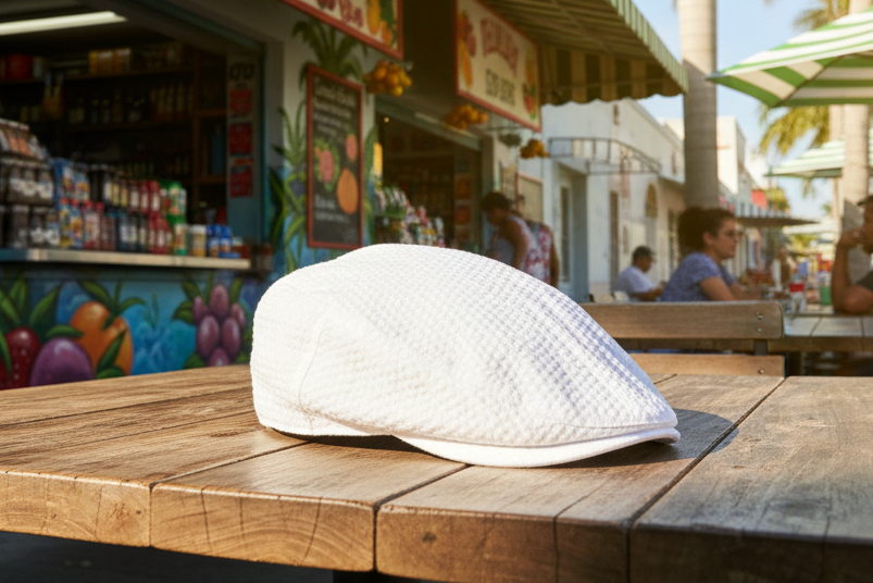 A white textured flat cap or newsboy-style hat shown alone on a clean white background.
