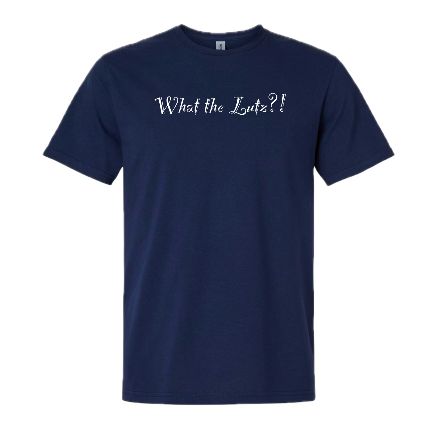 A navy blue short-sleeve crewneck t-shirt featuring the words 'WHAT THE LUTZ' printed across the chest in white, shown against a plain white background.