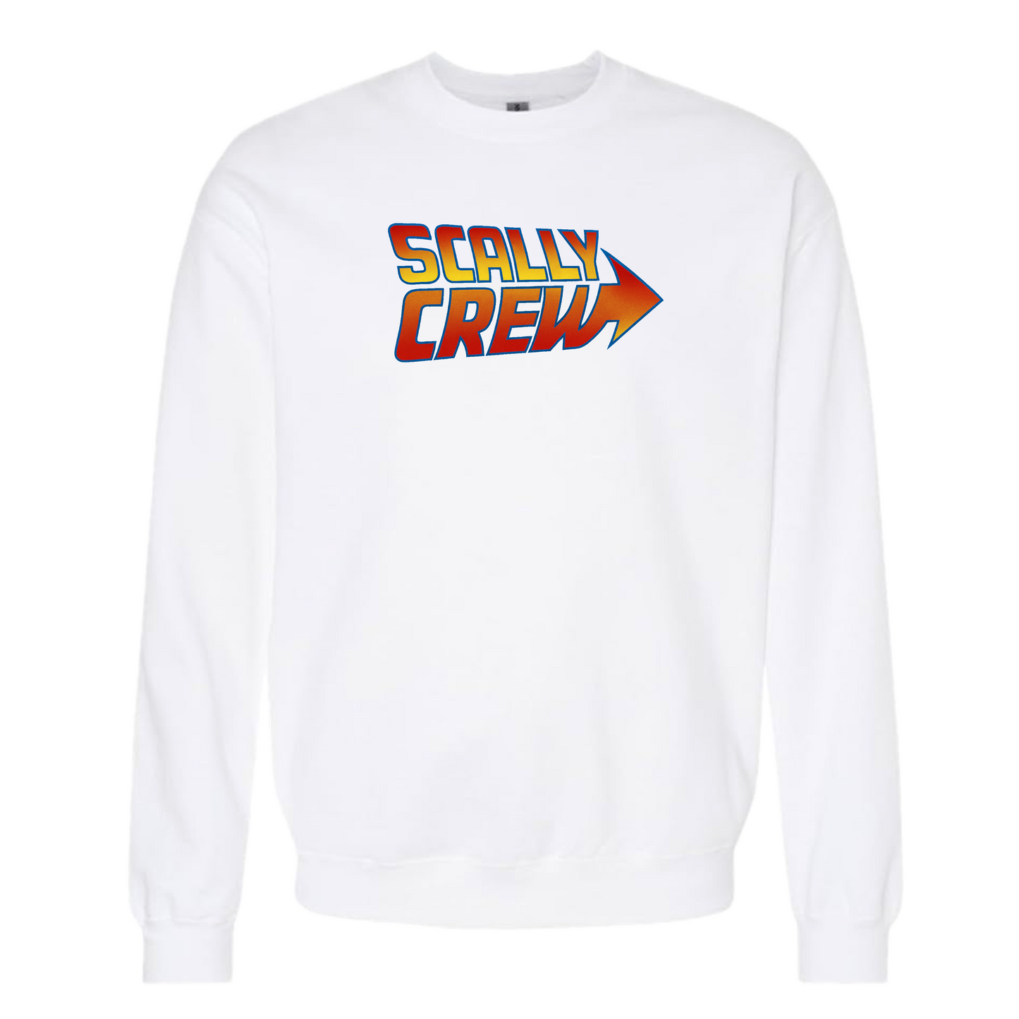 White Crewneck sweatshirt with 'Scally Crew' text and logo on a white background