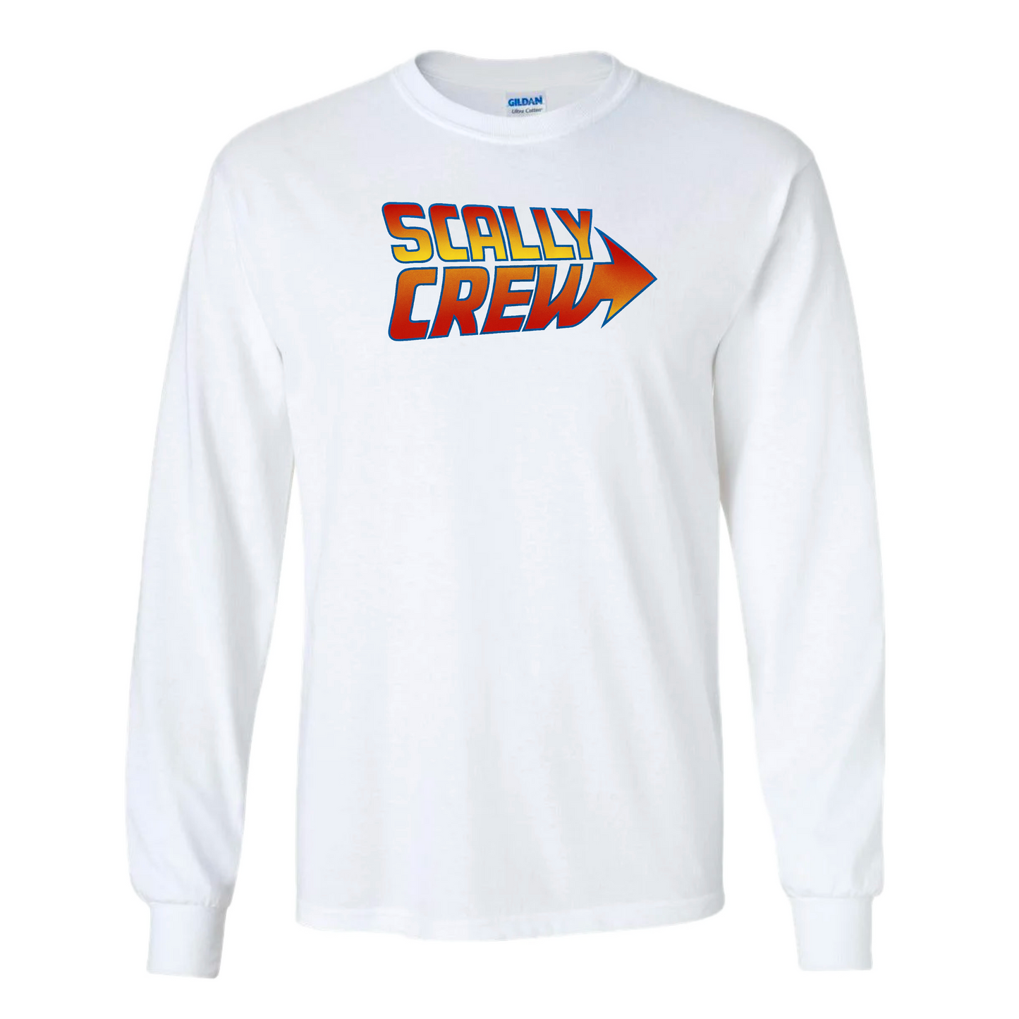 White long-sleeve shirt with 'Scally Crew' text and logo on a white background