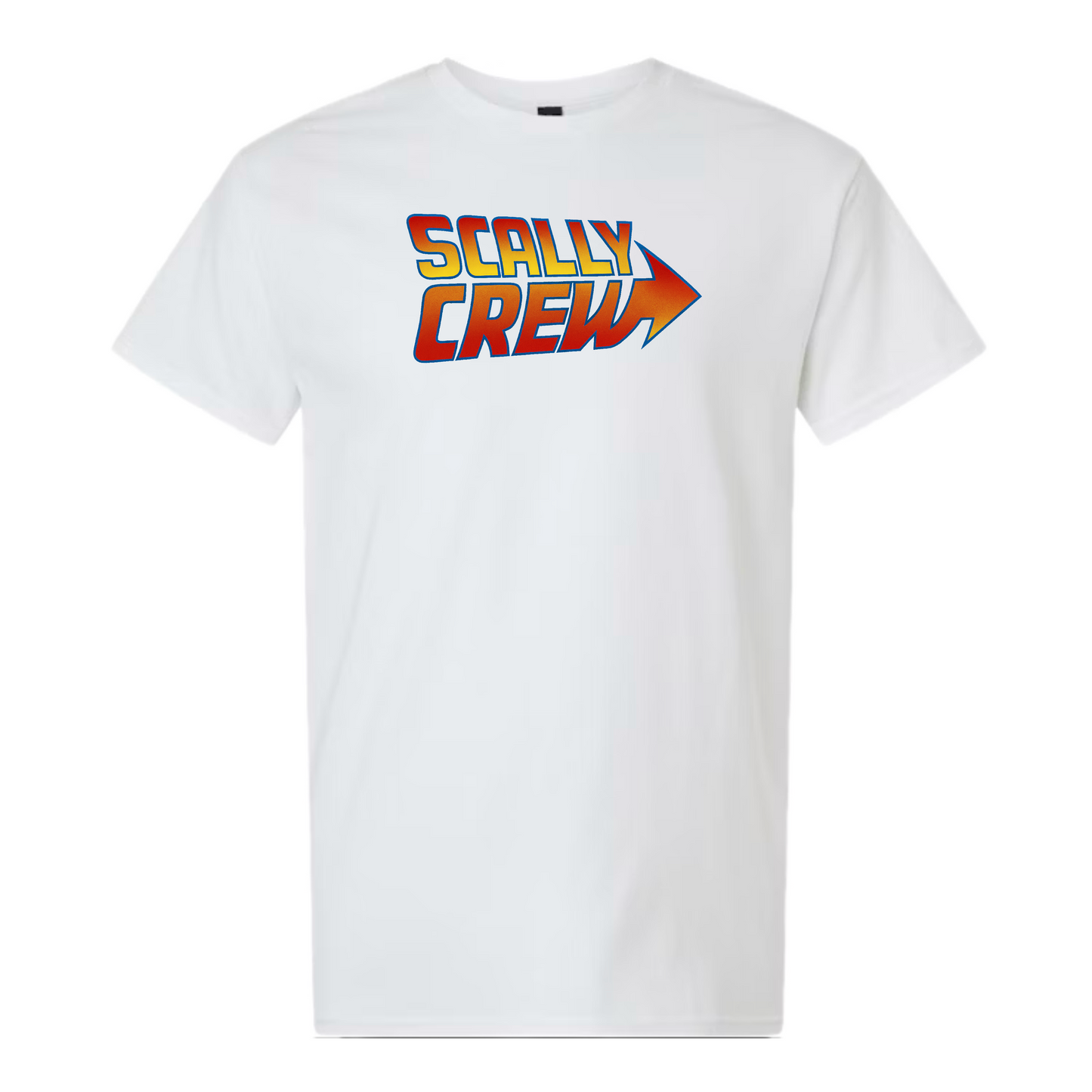 White t-shirt with 'Scally Crew' text and logo on a white background