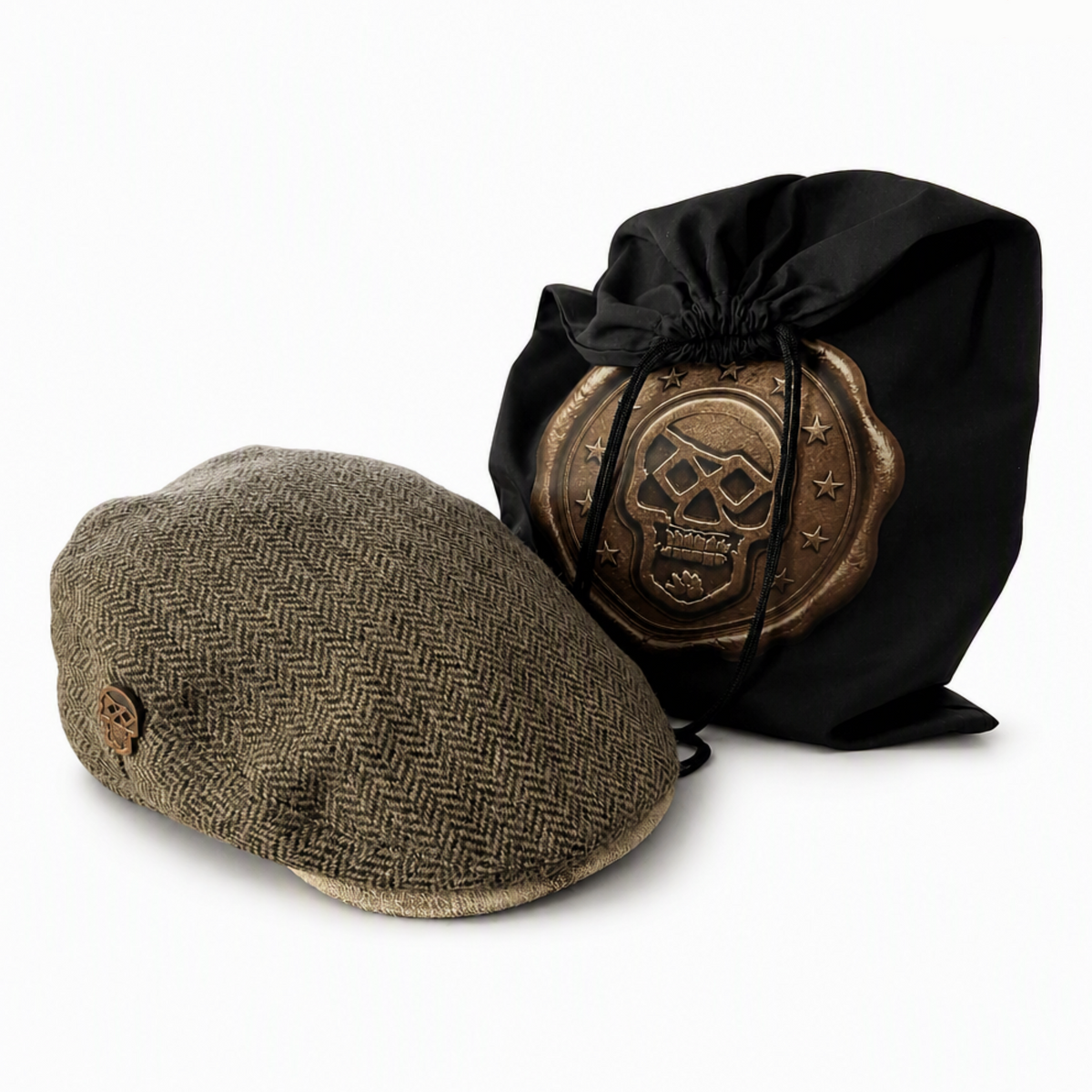 A brown herringbone flat cap with a skull pin on the side, shown next to a black drawstring pouch featuring a large bronze skull emblem, on a clean white background.