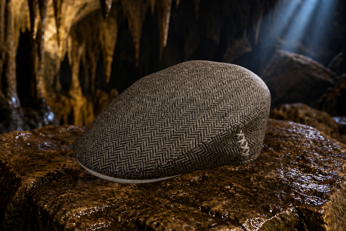 A brown and beige herringbone flat cap resting on a wet rock in a cave-like environment with dramatic light beams.