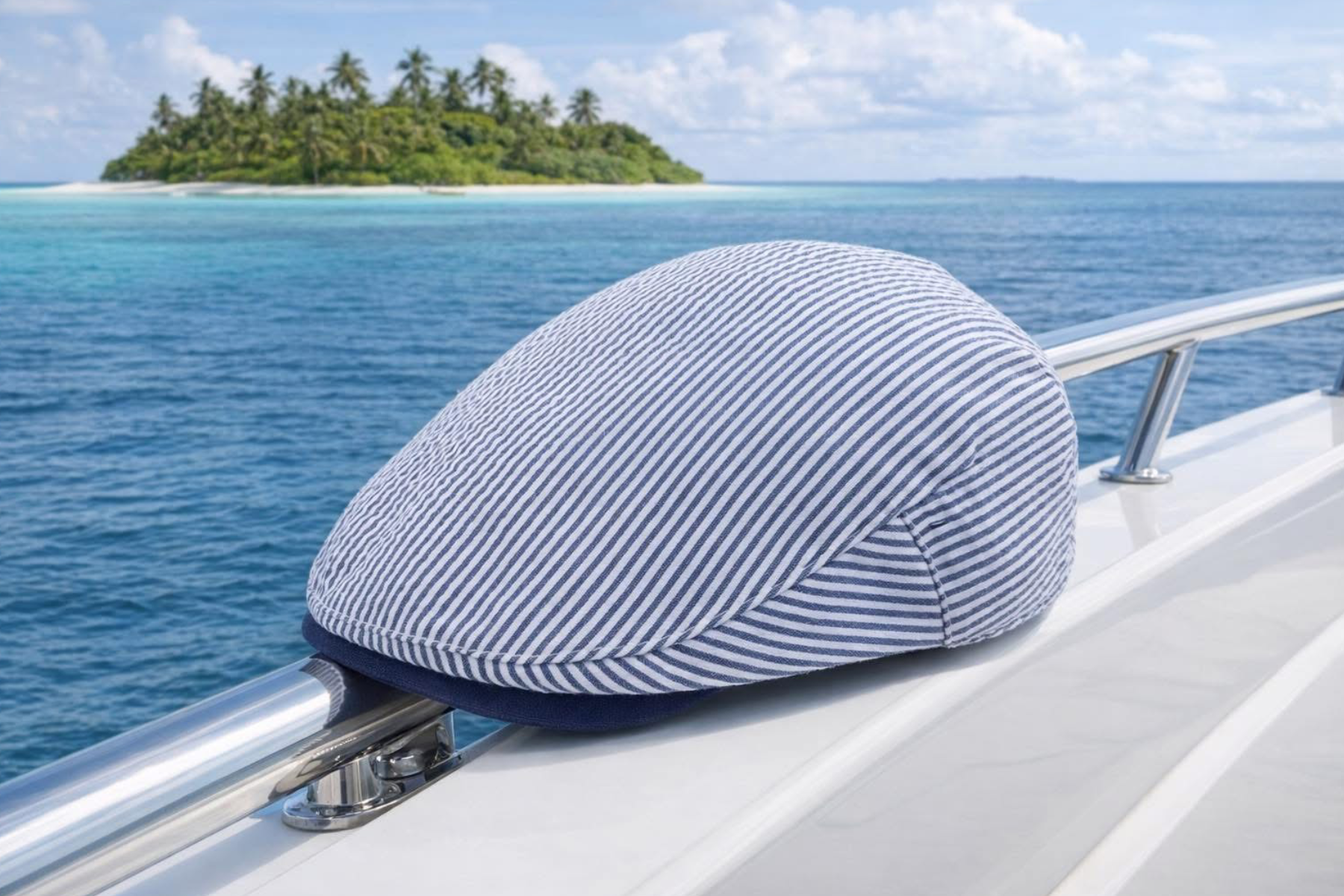 Striped boat cover on a yacht with 'Yacht Rock' logo in the background