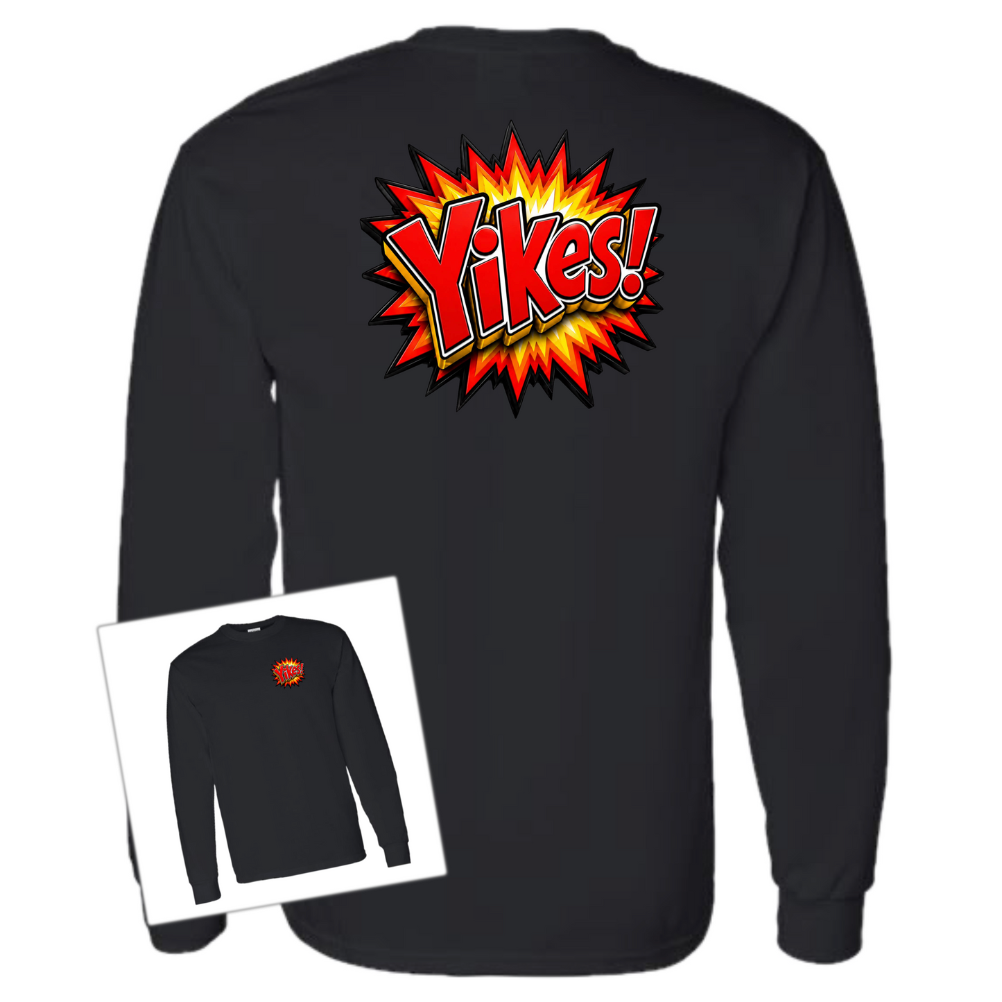 A black long-sleeve crewneck sweatshirt shown from the back, featuring a large comic-style explosion graphic with the word 'Yikes!' in yellow and orange. A smaller inset image in the lower left shows the front view with a small matching graphic on the chest.