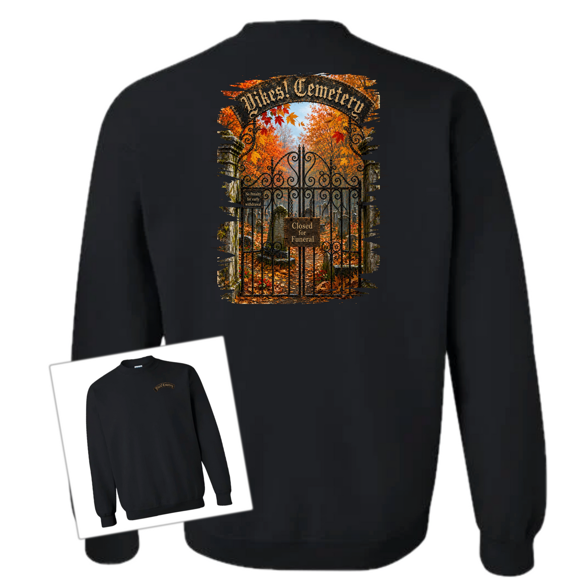 Black Crewneck sweatshirt with an illustration of a cemetery over a white background 