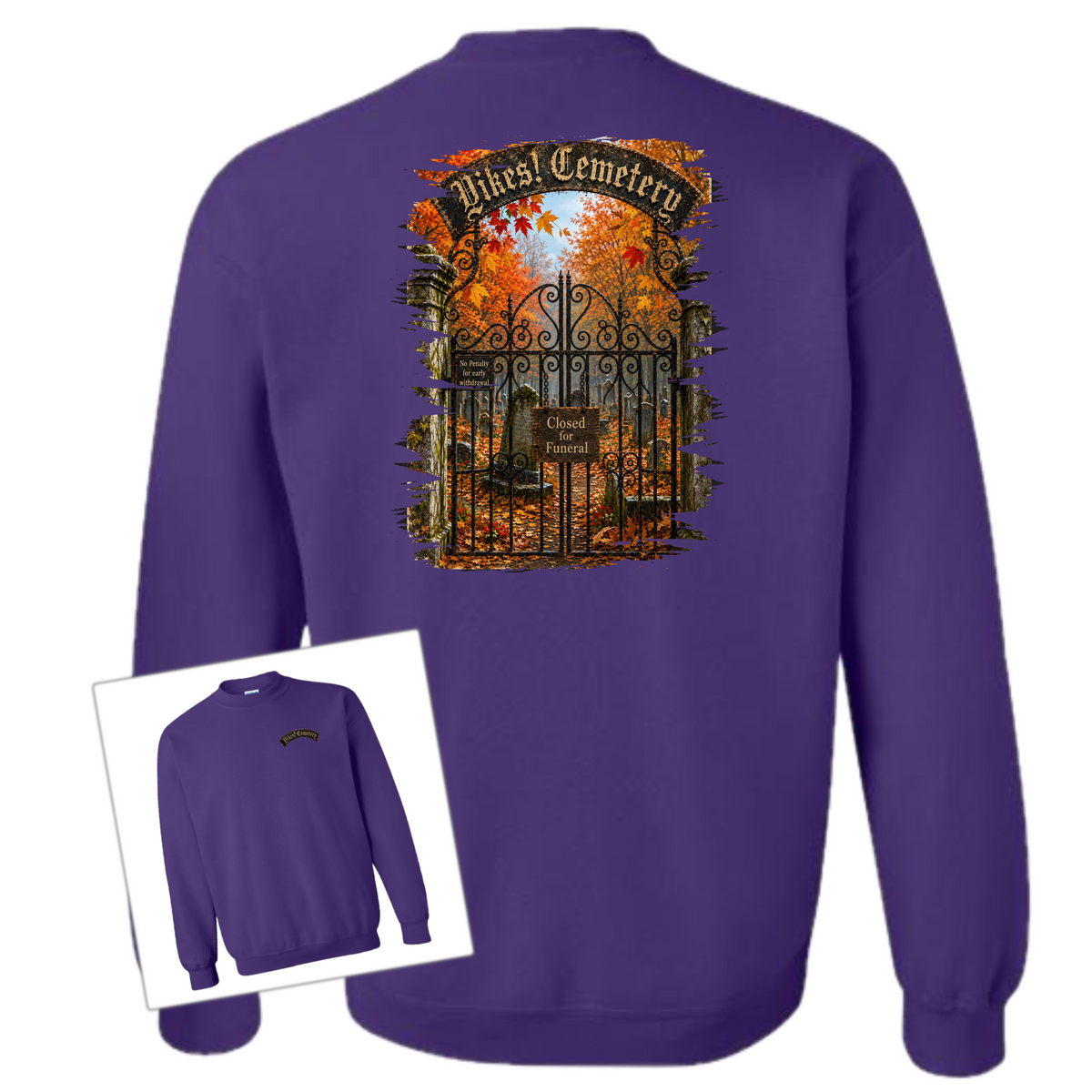 Purple Crewneck sweatshirt with an illustration of a cemetery over a white background 