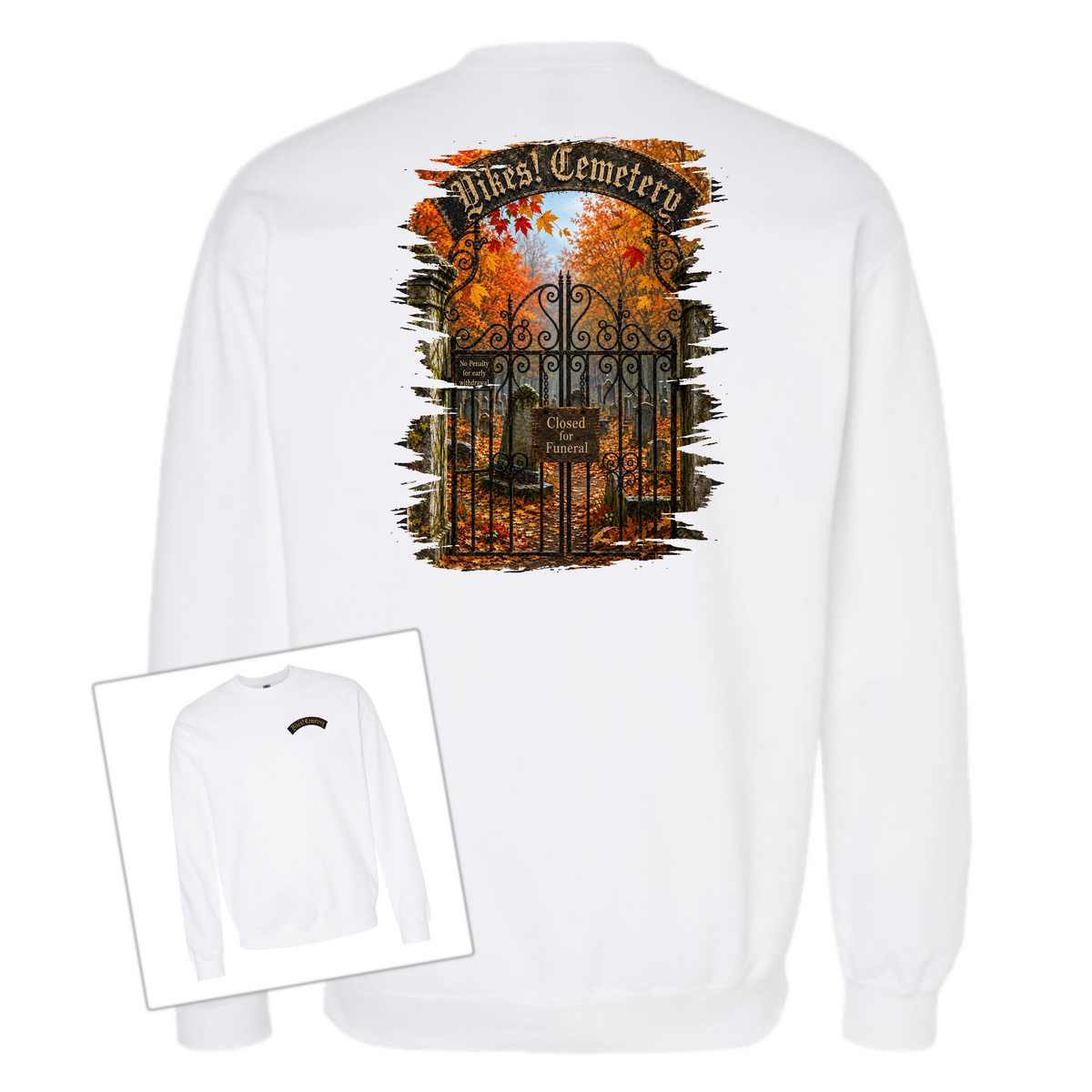 White Crewneck sweatshirt with an illustration of a cemetery over a white background 