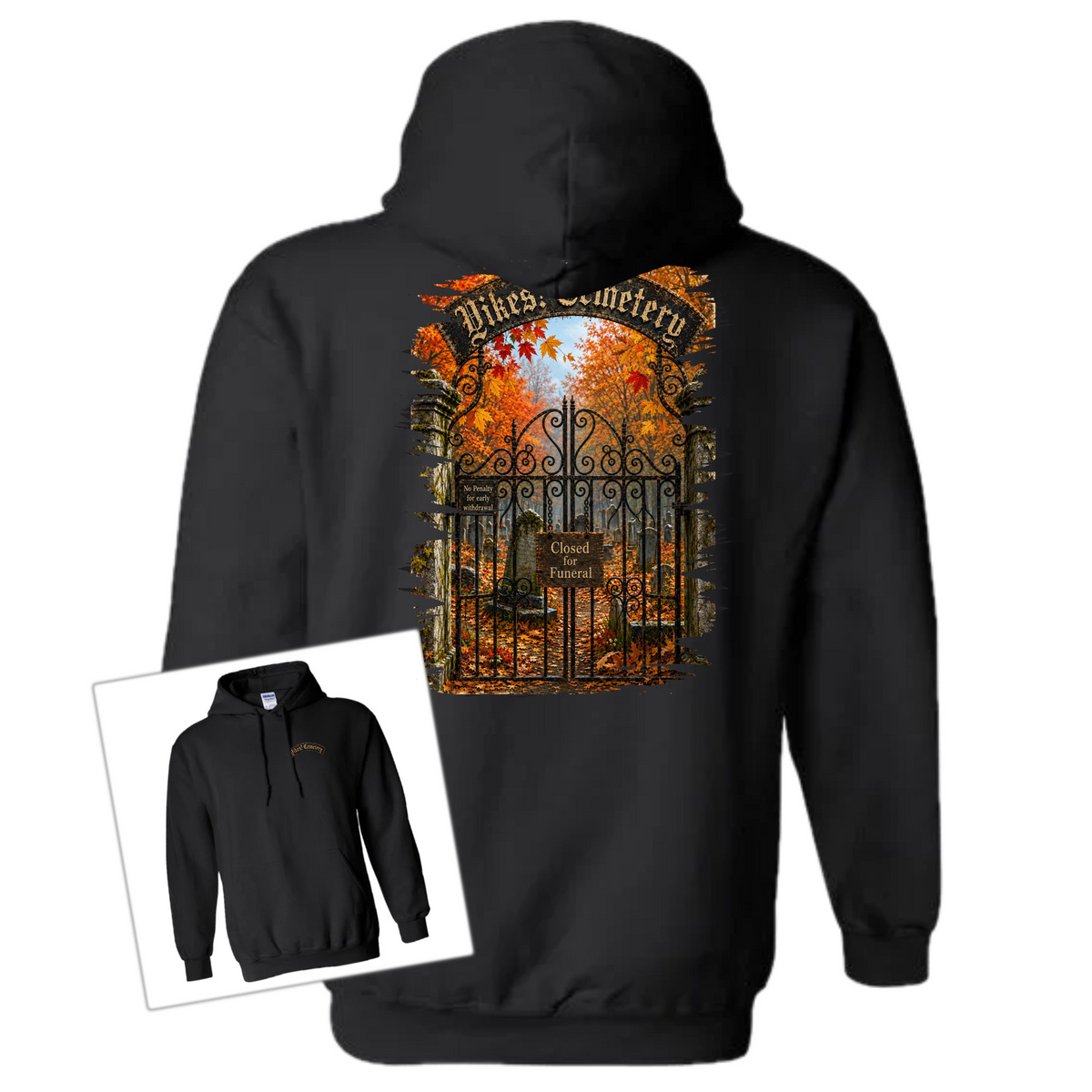 Black hoodie with an illustration of a cemetery on a white background 