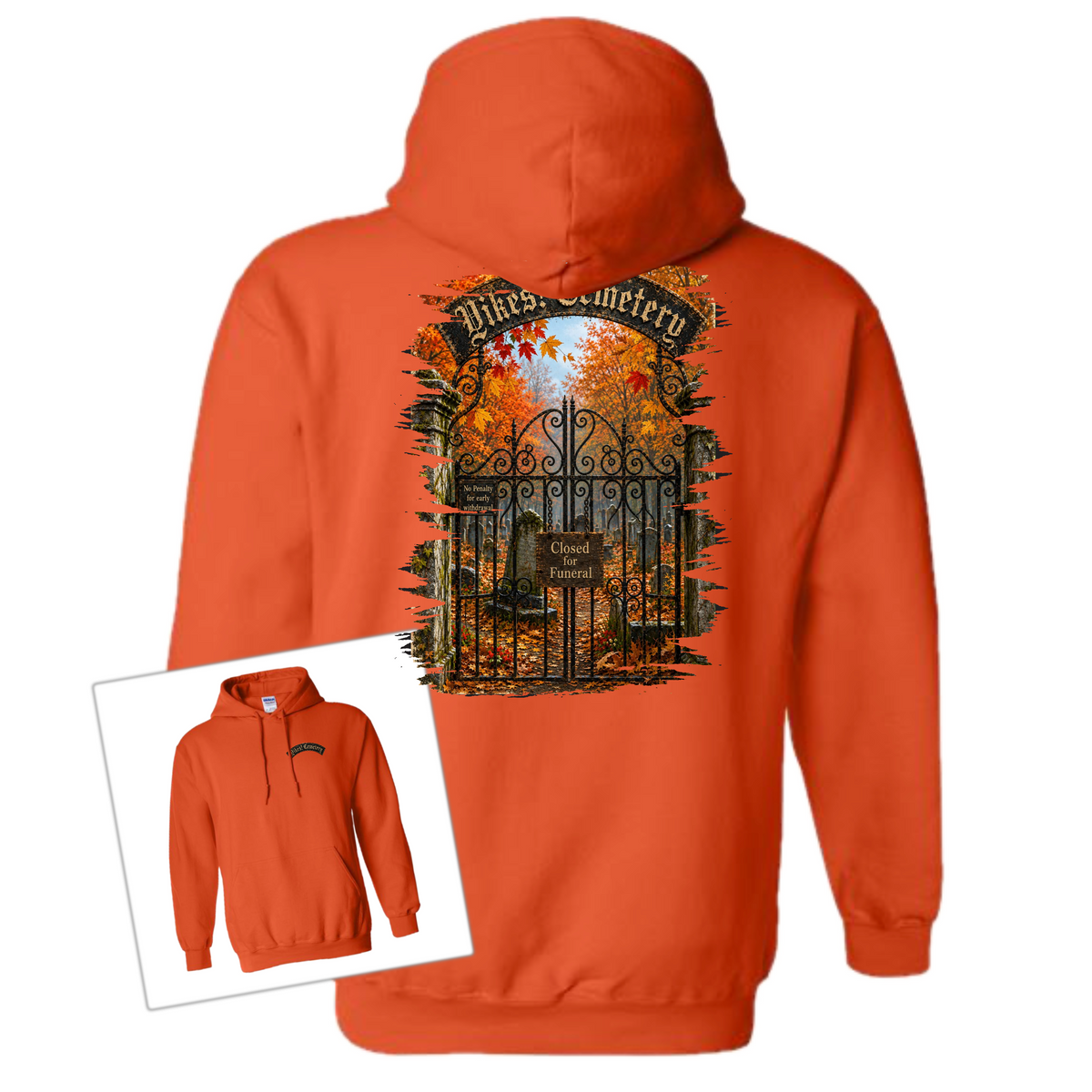 Orange hoodie with an illustration of a cemetery on a white background 