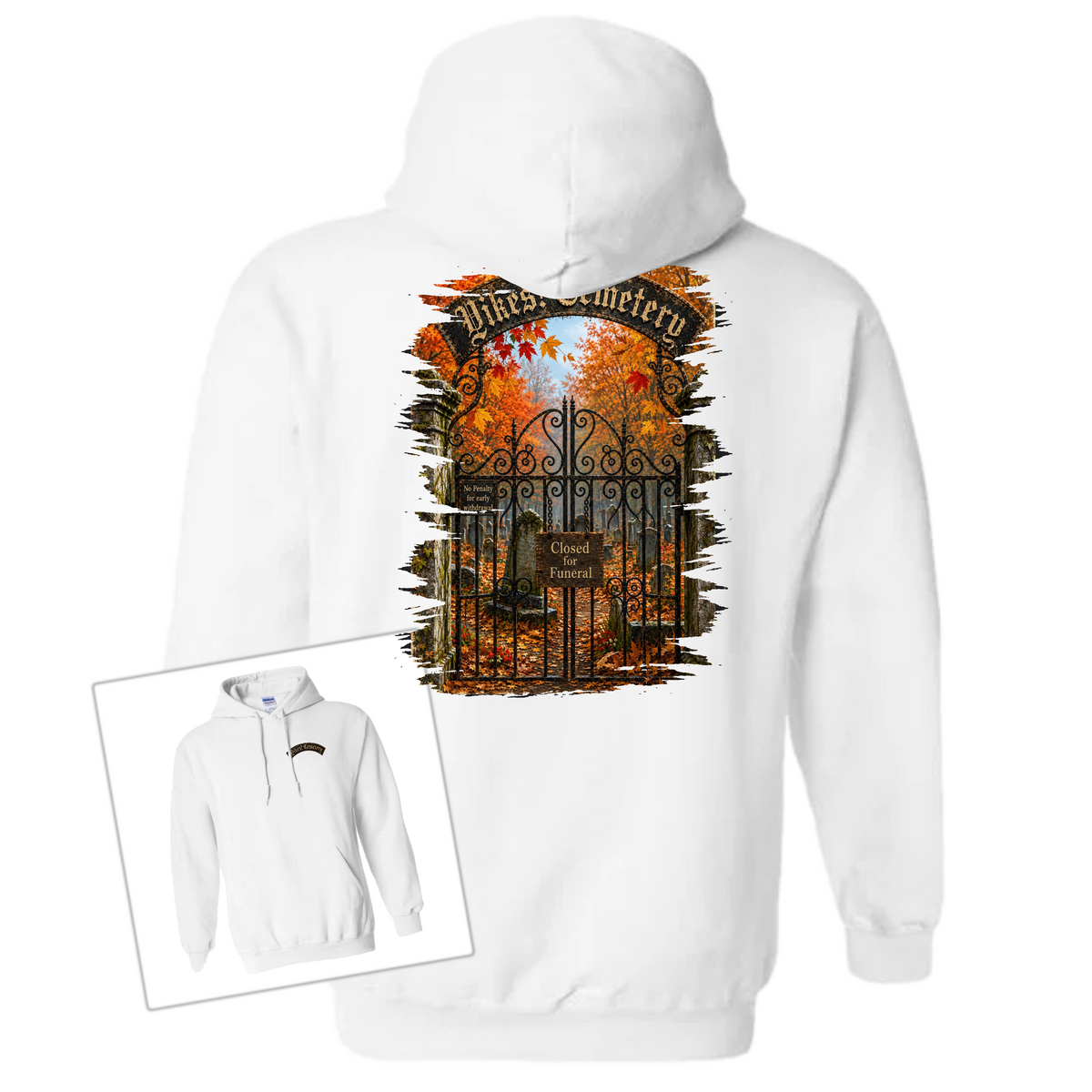 White hoodie with an illustration of a cemetery on a white background 