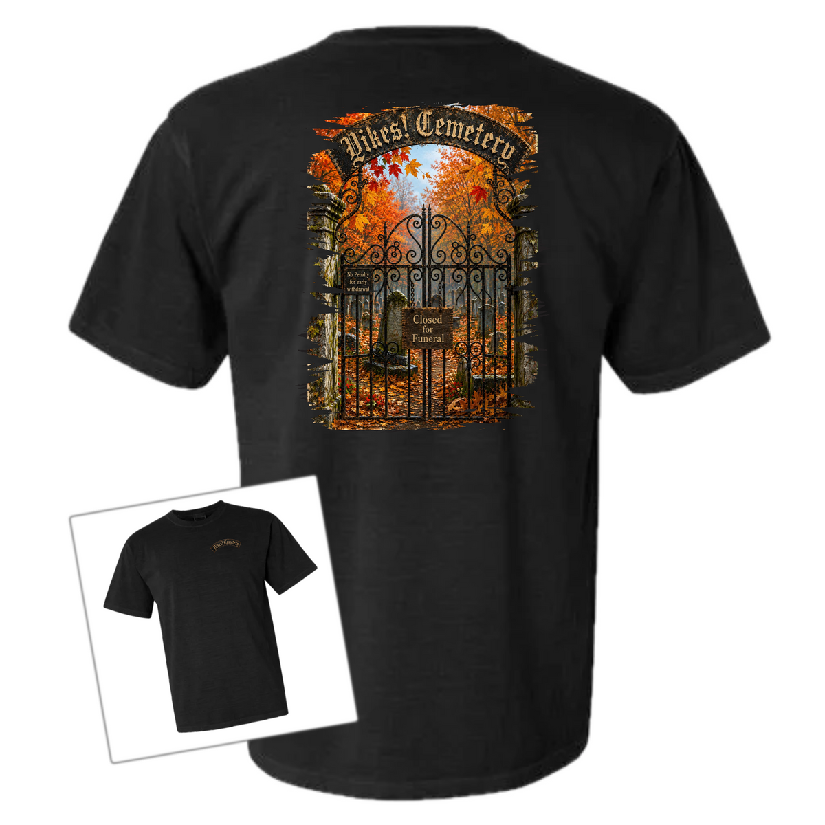 Black t-shirt with an illustration of a cemetery on a white background 