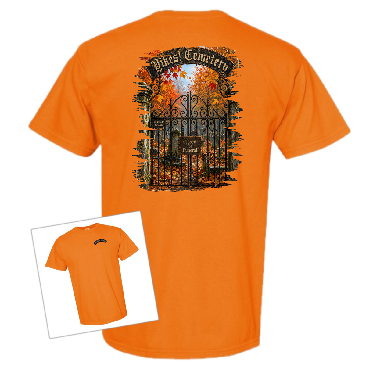 Orange t-shirt with an illustration of a cemetery on a white background 
