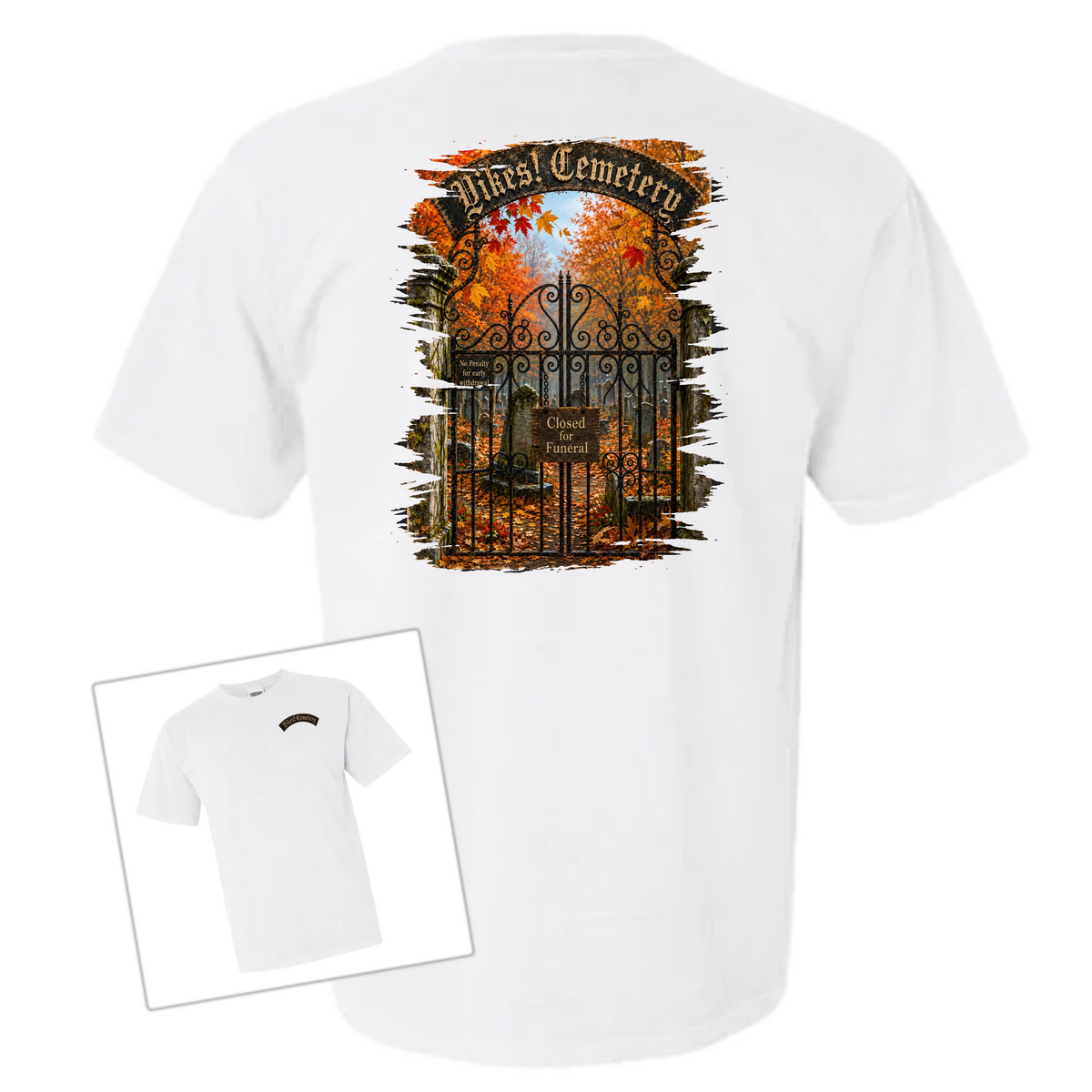 White t-shirt with an illustration of a cemetery on a white background 