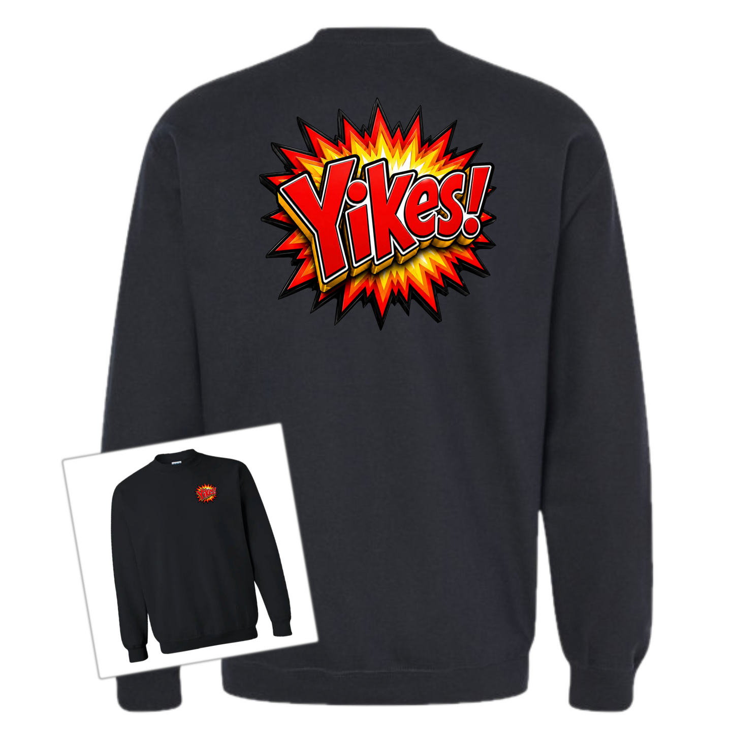 A black crewneck sweatshirt shown from the back, featuring a large comic-style explosion graphic with the word 'Yikes!' in yellow and orange. A smaller inset image in the lower left shows the front view of the sweatshirt with a small matching chest graphic.