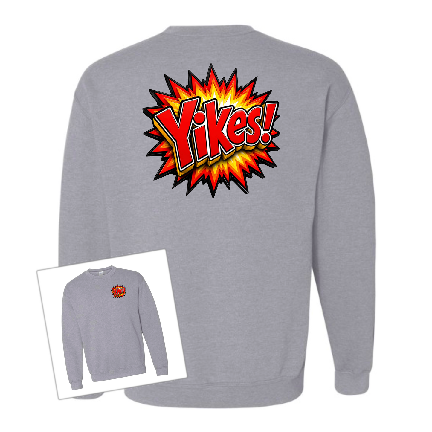 A heather gray crewneck sweatshirt shown from the back, featuring a large comic-style explosion graphic with the word 'Yikes!' in yellow and orange. A smaller inset image in the lower left shows the front view of the sweatshirt with the same graphic printed on the left chest.