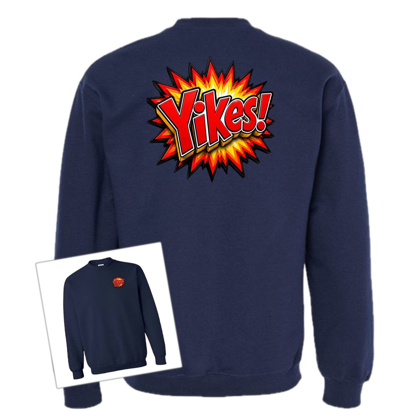 A navy blue crewneck sweatshirt shown from the back, featuring a large comic-style explosion graphic with the word 'Yikes!' in yellow and orange. A smaller inset image in the bottom left shows the front view of the sweatshirt with a small matching graphic on the chest.