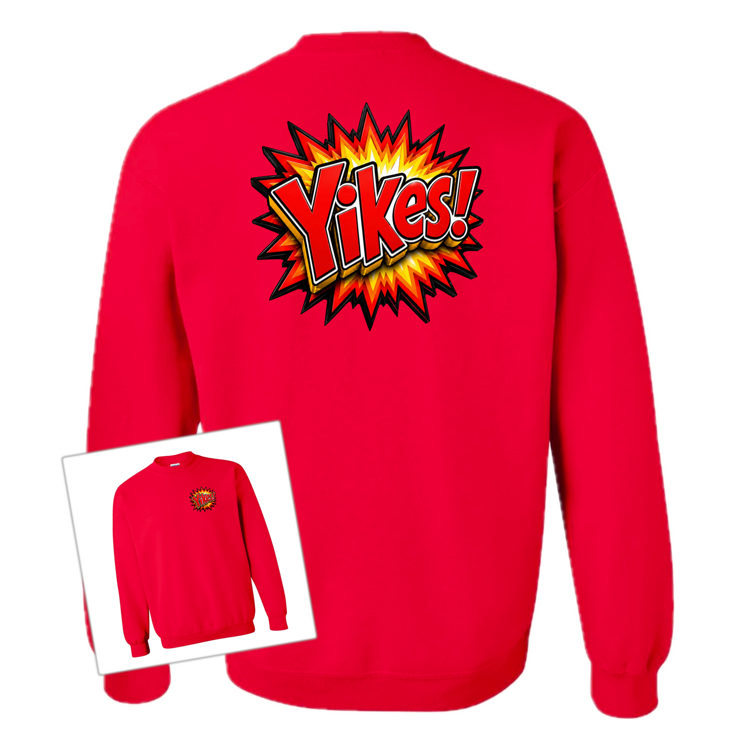 A bright red crewneck sweatshirt shown from the back, featuring a large comic-style explosion graphic with the word 'Yikes!' in yellow and orange. A smaller inset in the lower left shows the front view of the sweatshirt with a matching small chest graphic.