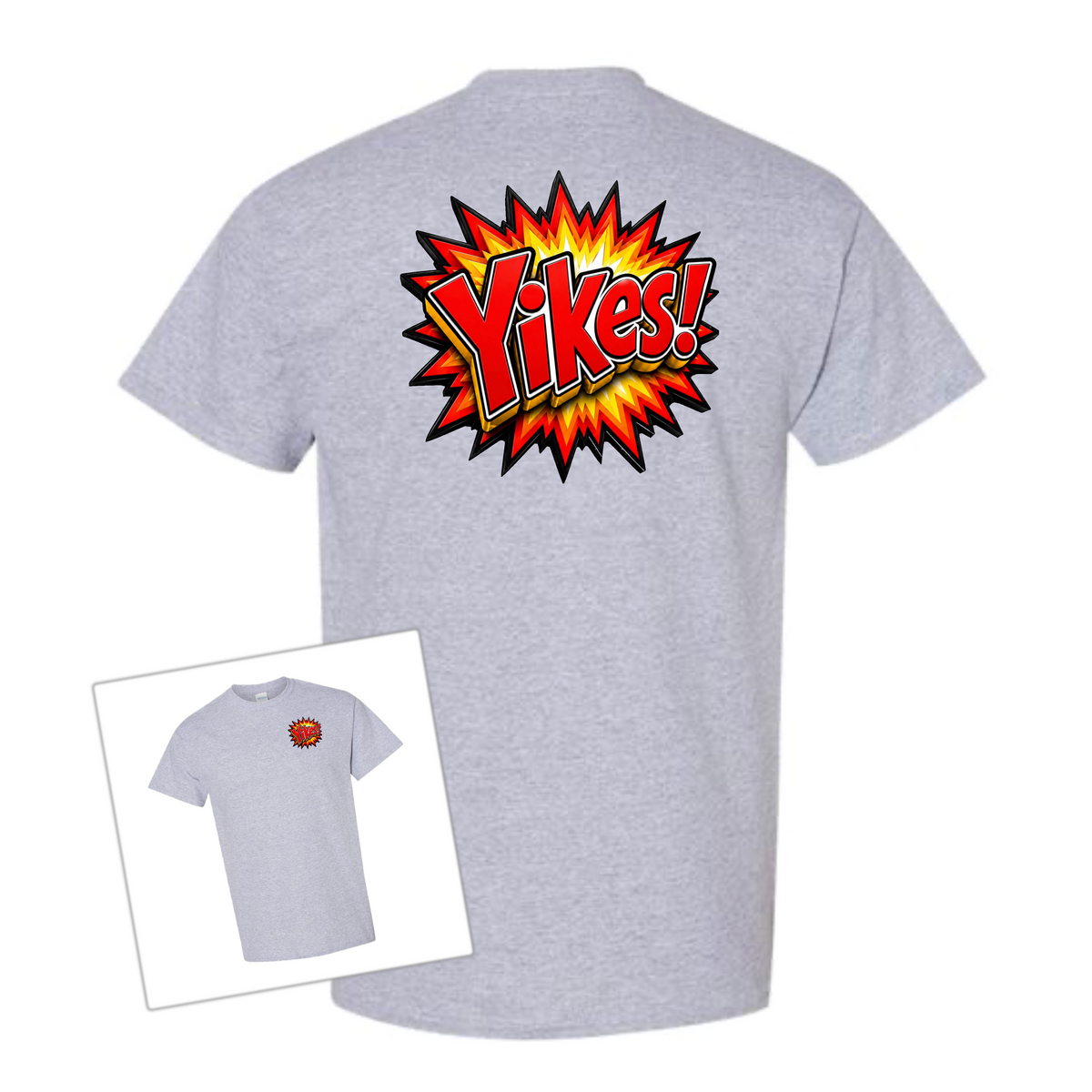 A heather gray short-sleeve t-shirt shown from the back, featuring a large comic-style explosion graphic with the word 'Yikes!' in yellow and orange. A smaller inset at the bottom left shows the front view of the same shirt with a small matching graphic on the chest.