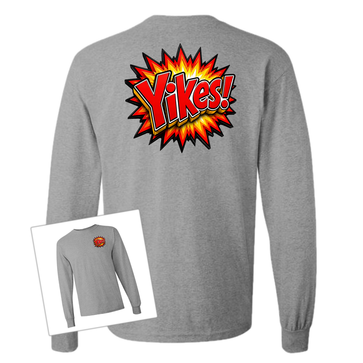 A heather gray long-sleeve t-shirt shown from the back, featuring a large comic-style explosion graphic with the word 'Yikes!' in yellow and orange. A smaller inset image in the bottom-left corner shows the front view of the same shirt with the graphic printed on the left chest.