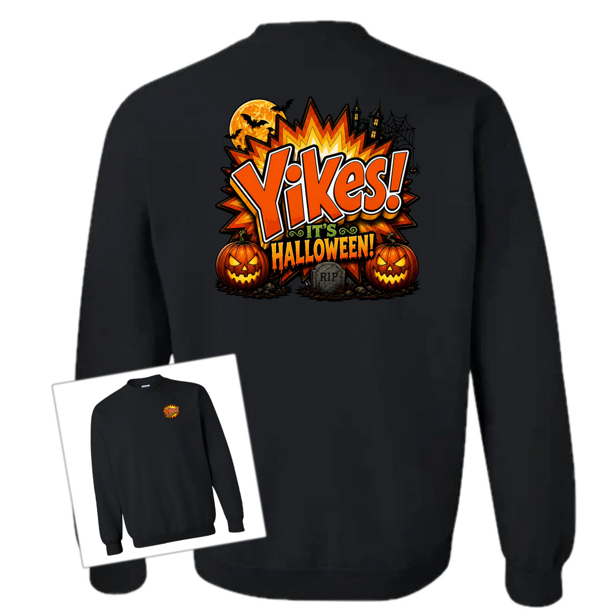A black crewneck sweatshirt shown from the back, featuring a large orange and yellow Halloween graphic with the text 'Yikes! It's Halloween!' and jack-o'-lanterns. A smaller inset image in the bottom-left corner shows the front view of the sweatshirt with a small matching orange graphic on the left chest.