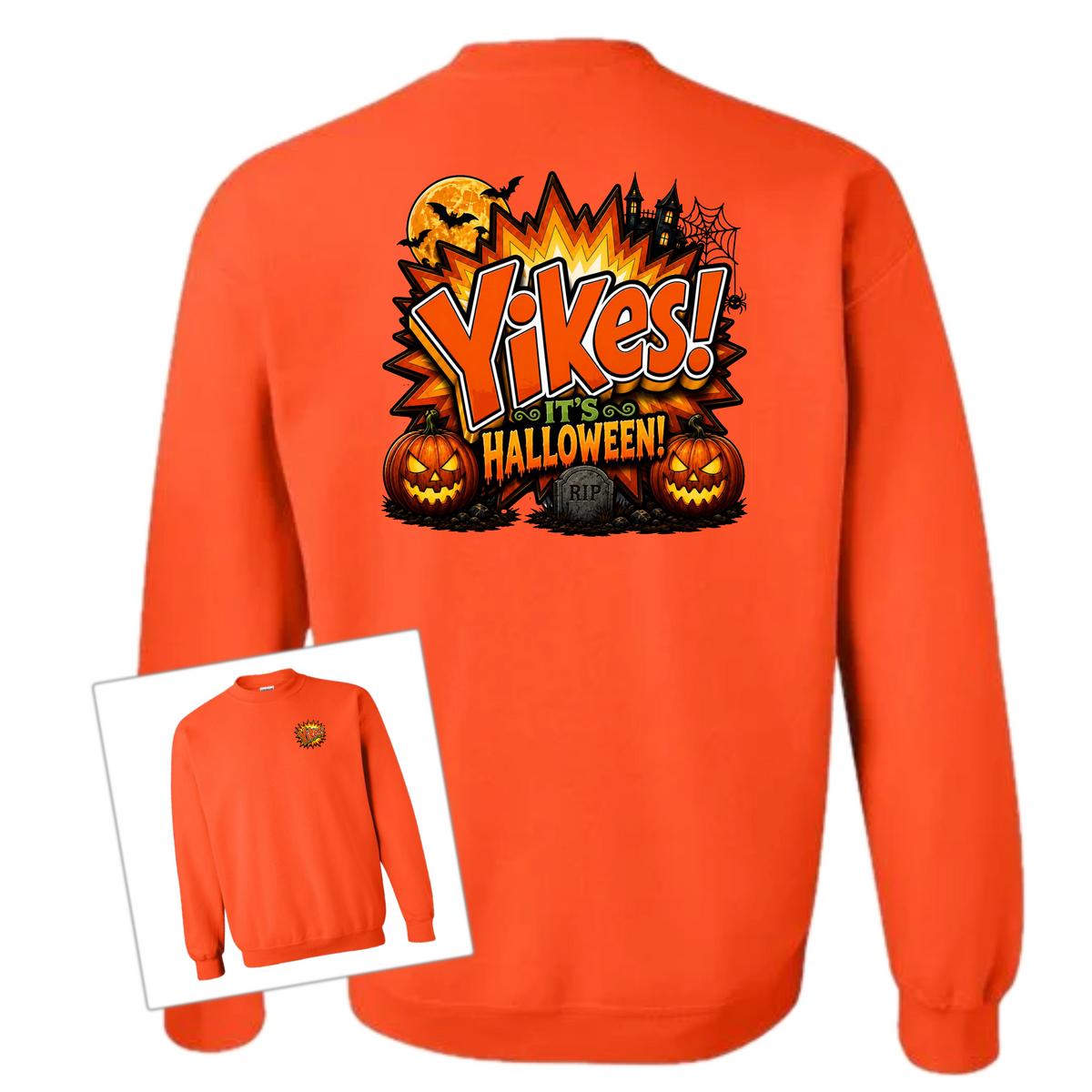 Bright orange crewneck sweatshirt shown from the back with a large Halloween graphic reading 'Yikes! It's Halloween!' in orange, black, white, and yellow. A small inset at lower left shows the front view with a small circular chest graphic.