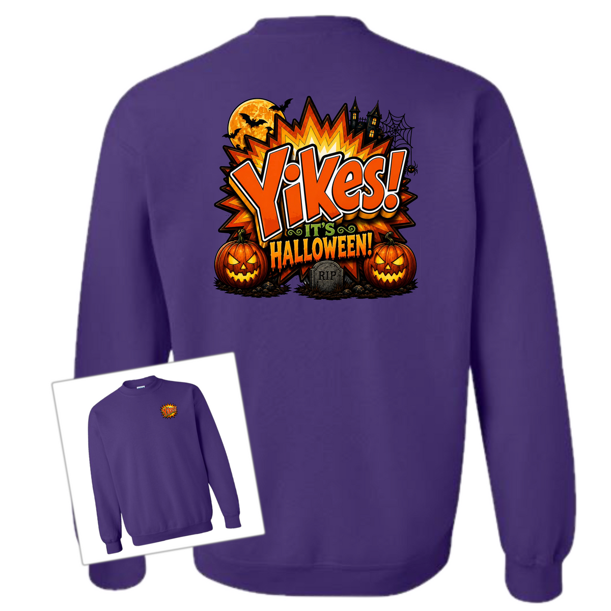 A purple crewneck sweatshirt shown from the back, featuring a large Halloween graphic with the text 'Yikes! Halloween!' and jack-o'-lanterns. A smaller inset image in the bottom left shows the front view of the same sweatshirt with a small matching chest graphic.