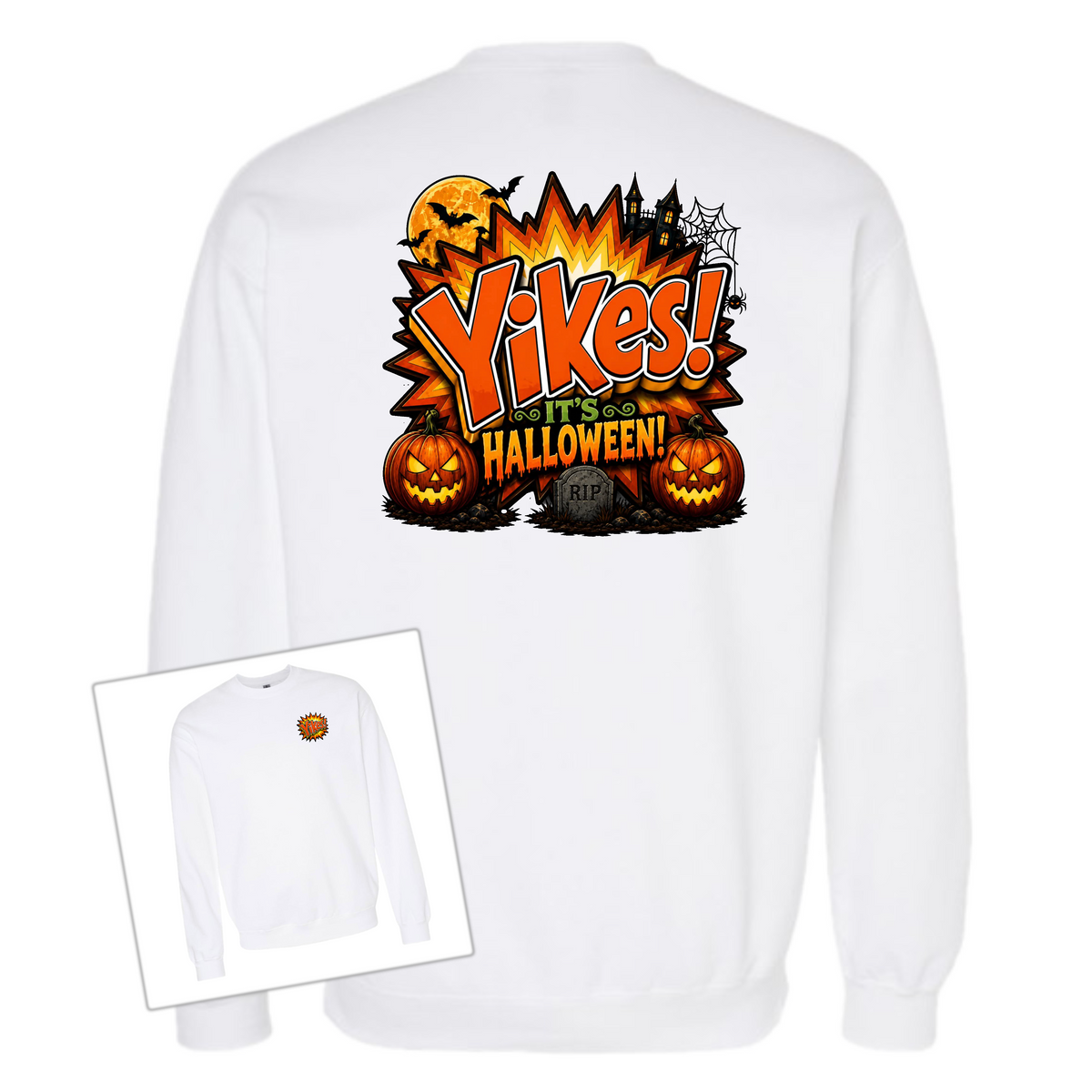 White crewneck sweatshirt shown from the back with a large Halloween graphic reading 'Yikes! It's Halloween!' in orange, black, and yellow. A small inset shows the front view with a tiny pumpkin graphic on the left chest.
