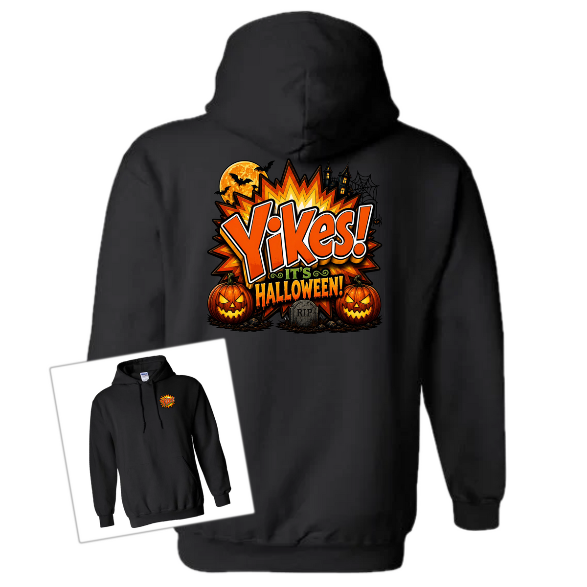 A black pullover hoodie shown from the back with a large Halloween graphic that reads “Yikes! Halloween!” in orange and yellow, with jack-o'-lanterns and a tombstone. A smaller inset at lower left shows the front view of the same hoodie with a small matching chest graphic.