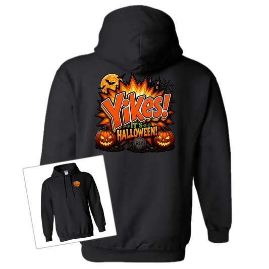 A black pullover hoodie shown from the back with a large Halloween graphic that reads “Yikes! Halloween!” in orange and yellow, with jack-o'-lanterns and a tombstone. A smaller inset at lower left shows the front view of the same hoodie with a small matching chest graphic.