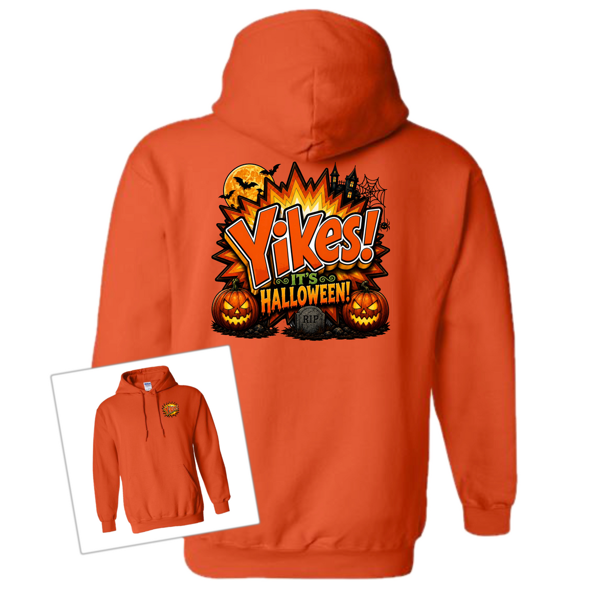 An orange pullover hoodie shown from the back, featuring a large Halloween graphic with the text 'Yikes! Halloween!' and jack-o'-lanterns. A smaller inset image in the lower left shows the front view of the same hoodie with a small chest graphic.