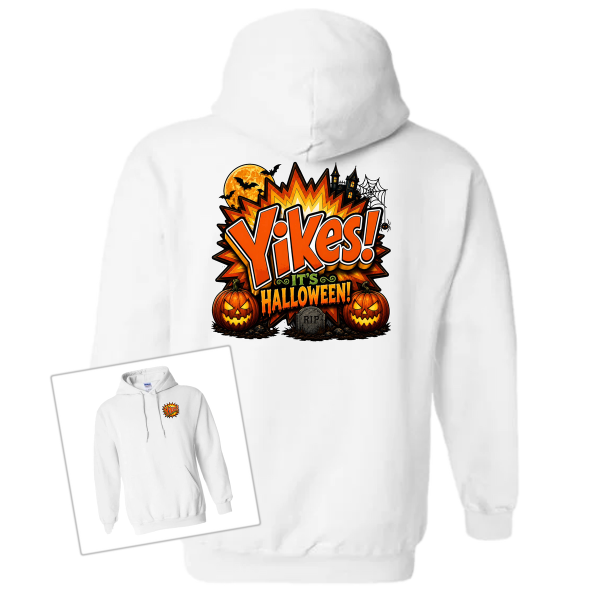 White pullover hoodie shown from the back with a large Halloween graphic reading 'Yikes! Halloween!' in orange and black, featuring jack-o'-lanterns, a spider, and a tombstone. A small inset at lower left shows the front view with a smaller matching chest graphic.