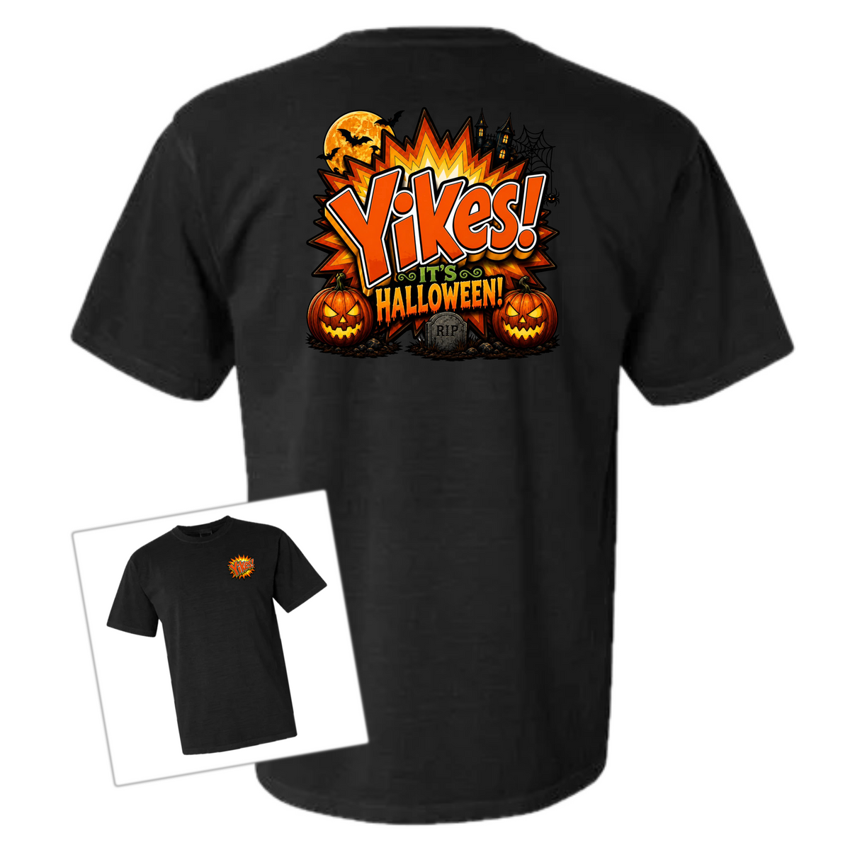 Black t-shirt with ‘Yikes Halloween’ printed on the back over a white background 