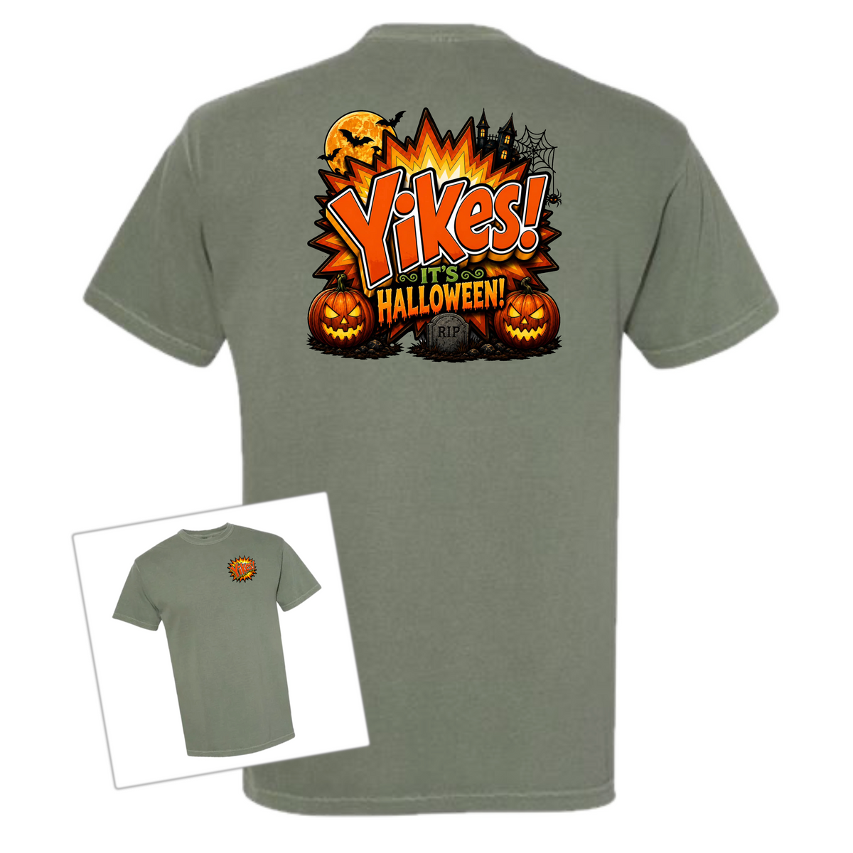 Green t-shirt with ‘Yikes Halloween’ printed on the back over a white background 