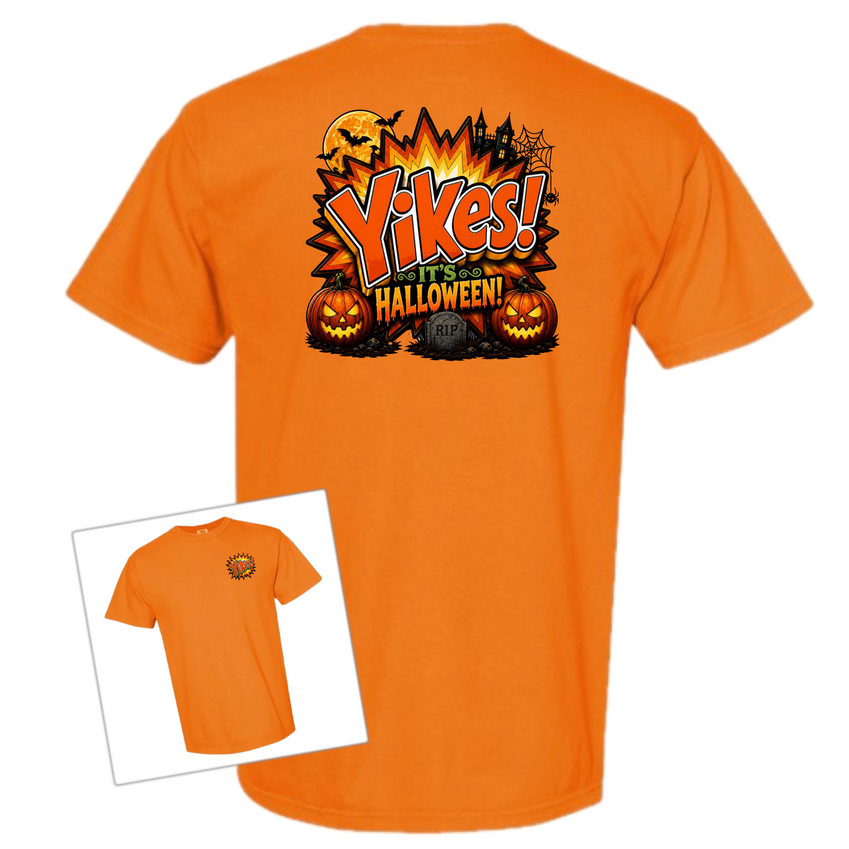 Orange t-shirt with ‘Yikes Halloween’ printed on the back over a white background 