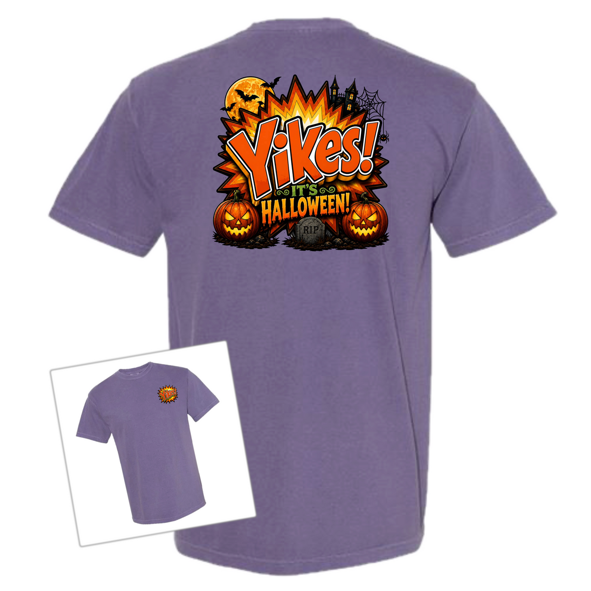 Purple t-shirt with ‘Yikes Halloween’ printed on the back over a white background 