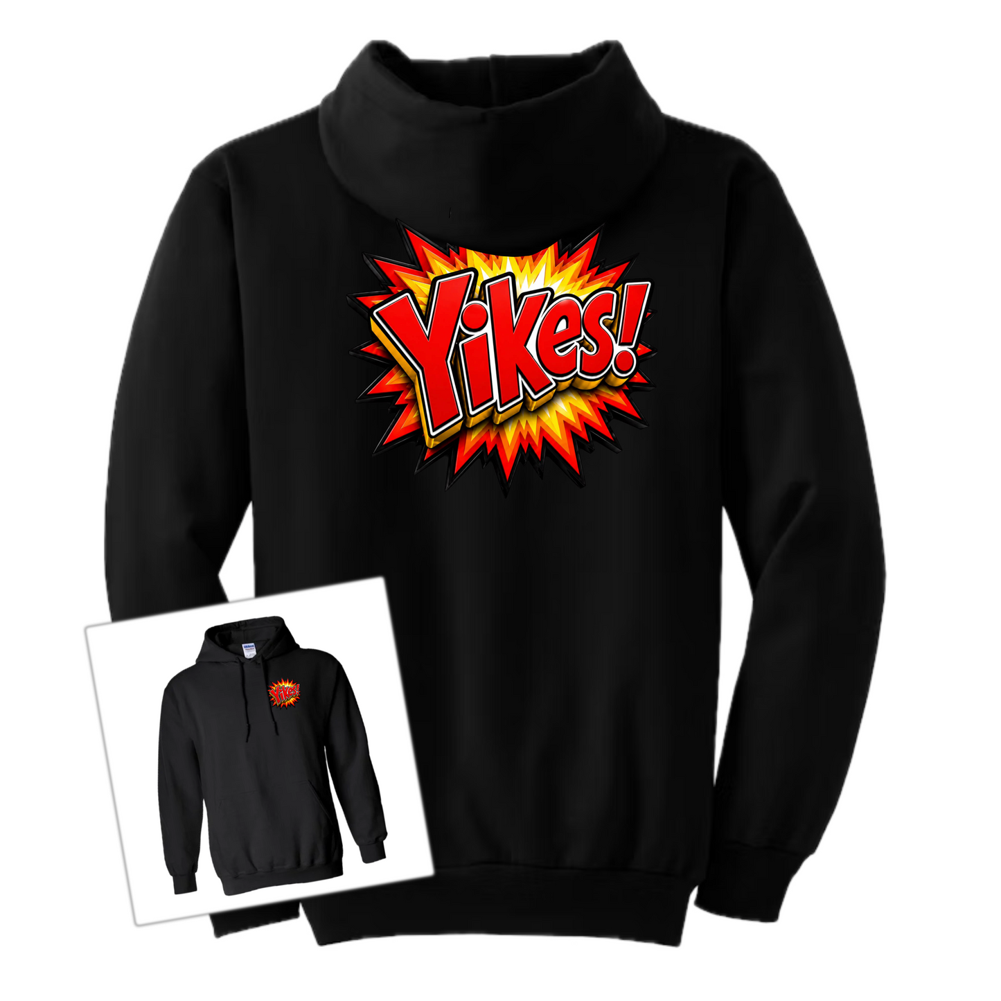 A black pullover hoodie with a large comic-style 'Yikes!' graphic in yellow, orange, and red on the chest. A smaller inset image in the lower left shows the same hoodie from the back with the graphic on the left chest.
