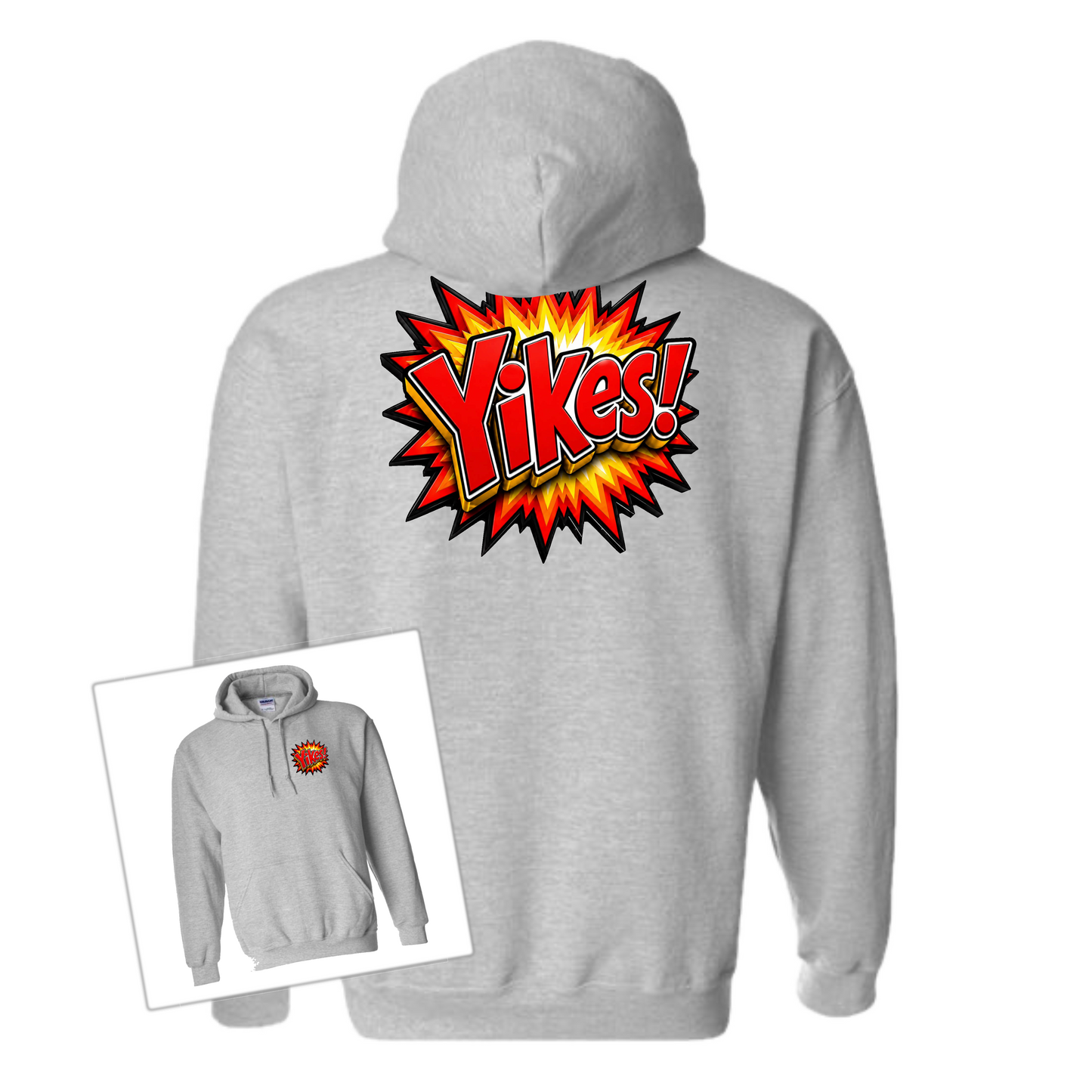 A light gray pullover hoodie shown from the back, featuring a large comic-style burst graphic with the word 'Yikes!' in yellow and orange. A smaller inset image in the lower left shows the front view of the same hoodie with a smaller matching burst graphic on the chest.
